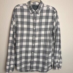 Bonobos Mens Long Sleeve Flannel Button Up Shirt Gray White Plaid Cotton Casual‎